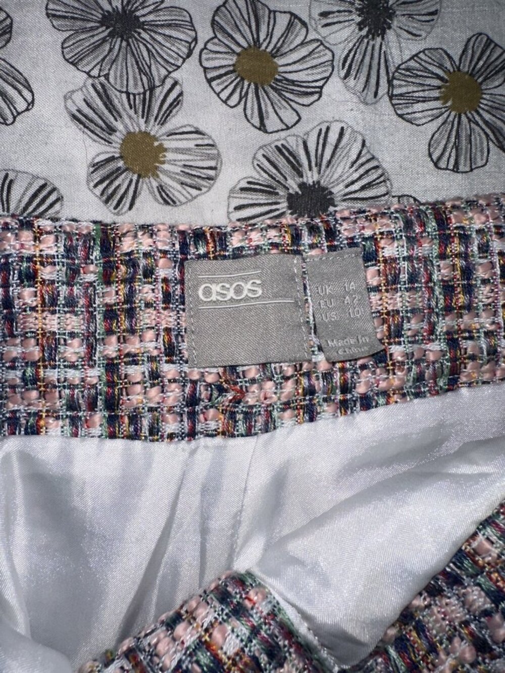 ASOS Pink & Navy Tweed Print Mini Skirt, Sz 14/US10